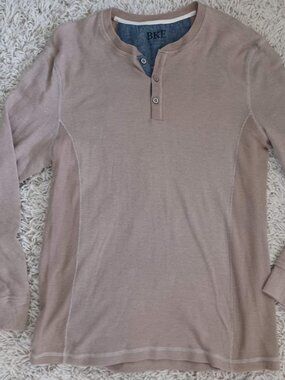 BKE Thermal Shirt Mens Large Tan Waffle Knit Henley Long Sleeve Casual Top